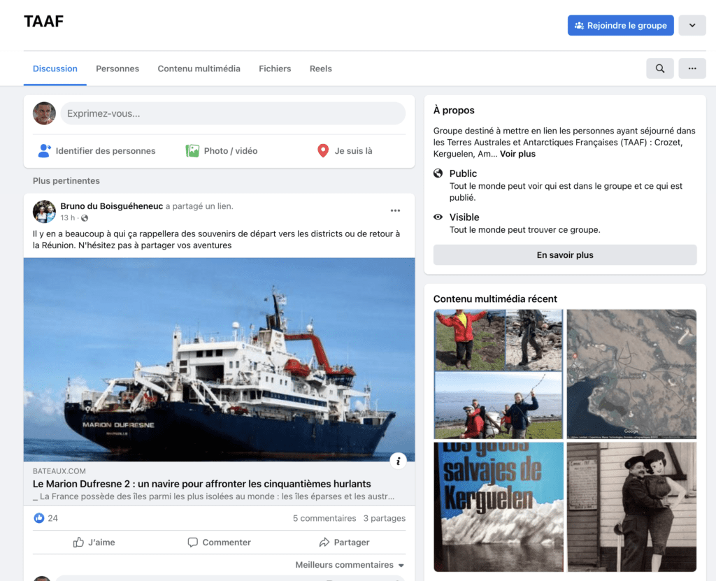 Capture d’écran du groupe des TAAF