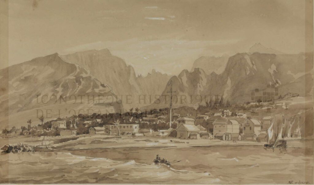 Saint Pierre - Vue prise du bout de la jetée de l'Est. Juillet 1861 / Hippolyte Charles Napoléon Mortier de Trévise del. - 1861. - 1 dess. : aquarelle, en coul. ; 20,6 x 29 cm.