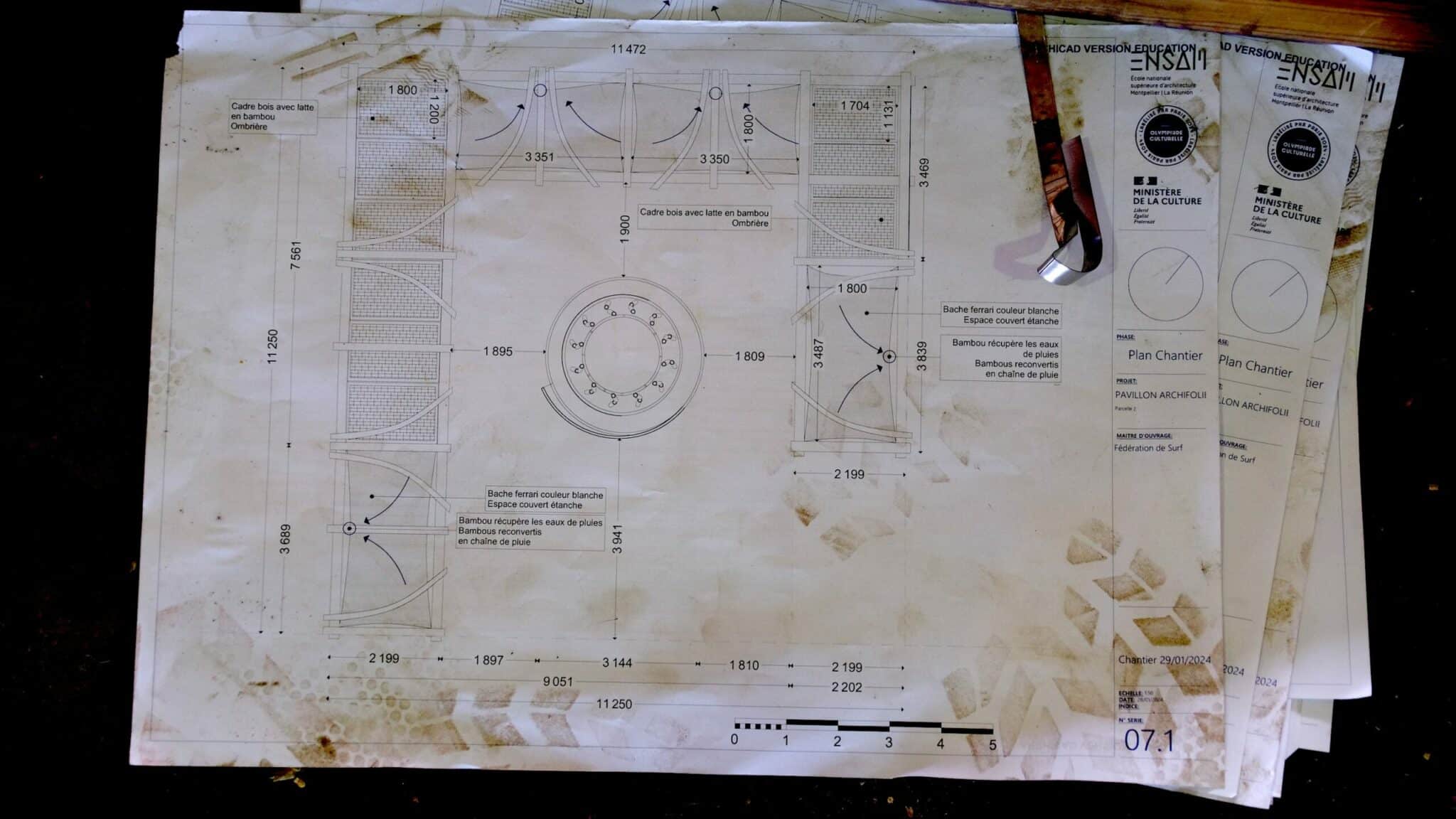 école architecture construction du pavillon surf pour les jeux olympiques à Paris La Vilette. plan du pavillon