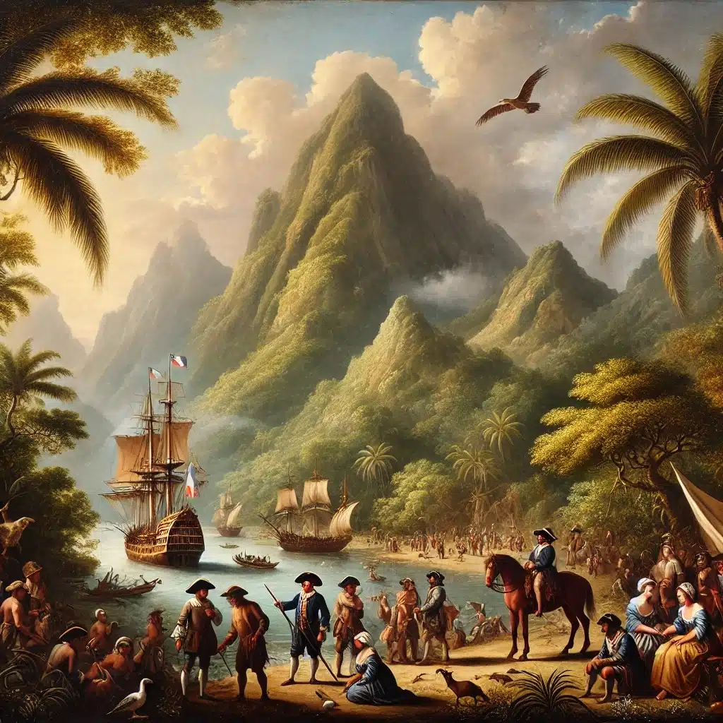 DALL·E 2024-09-24 19.10.39 - A painting in the style of 17th-century European classical art, depicting the discovery and early colonization of La Réunion island, with a focus on a