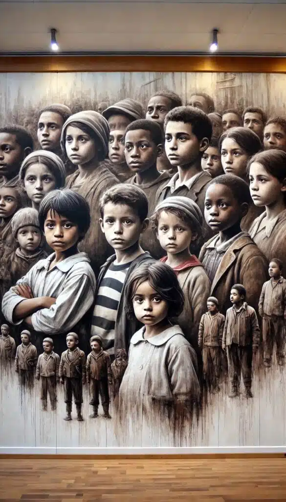 DALL·E 2024-09-24 19.12.51 - A powerful, large-scale portrait painting depicting the poignant story of the 'Children of La Creuse' from the 1960s and 1970s. The painting shows a g