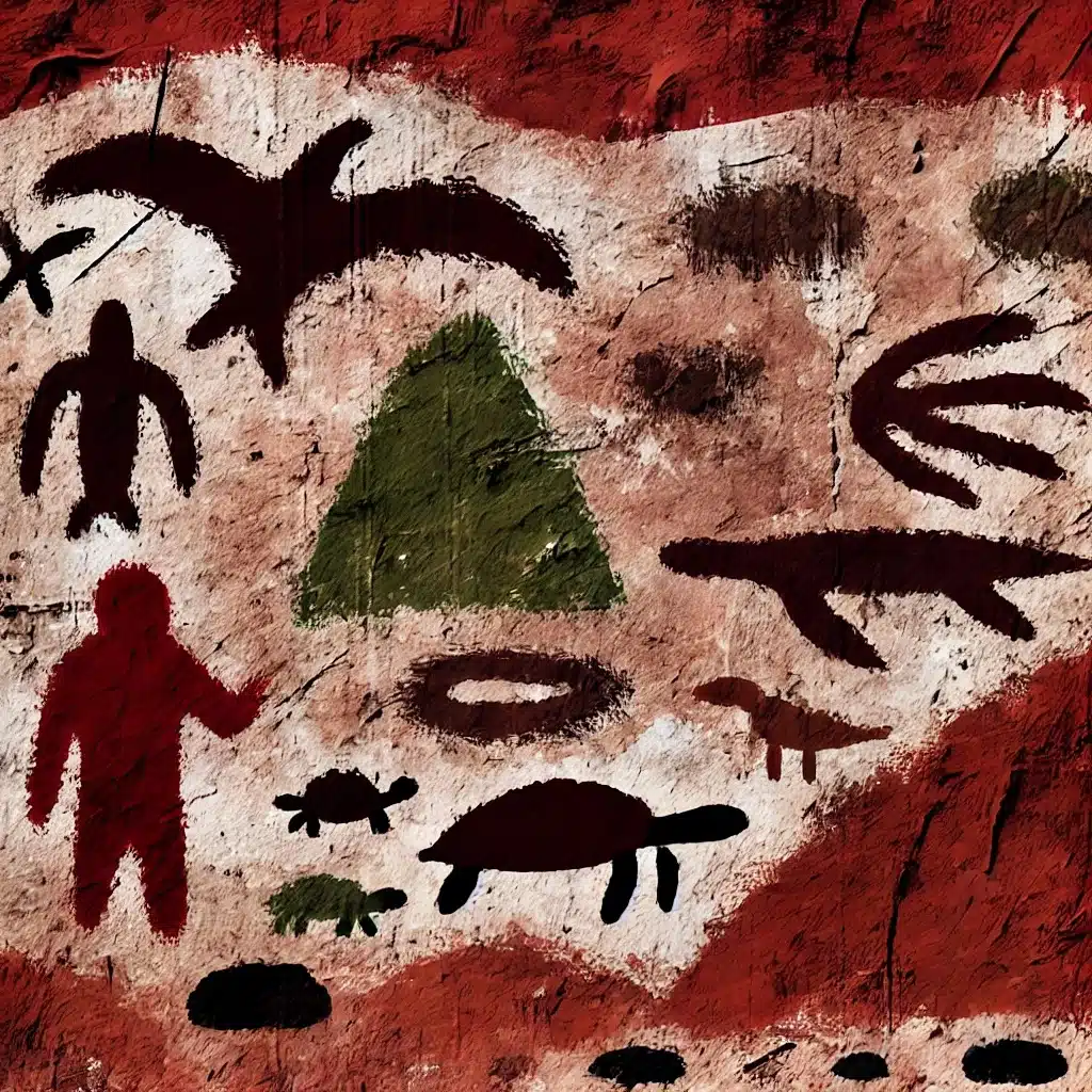 DALL·E 2024-09-24 19.16.36 - A cave painting-style artwork that evokes the essence of La Réunion island, using earth-toned colors like red, brown, and black. The image features si